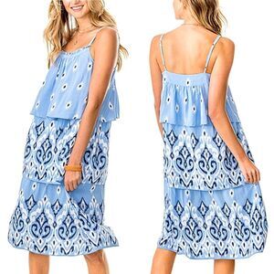 Southern Tide Hurricane Blue Abstract Print Rayelle Midi Tiered Dress Size Small